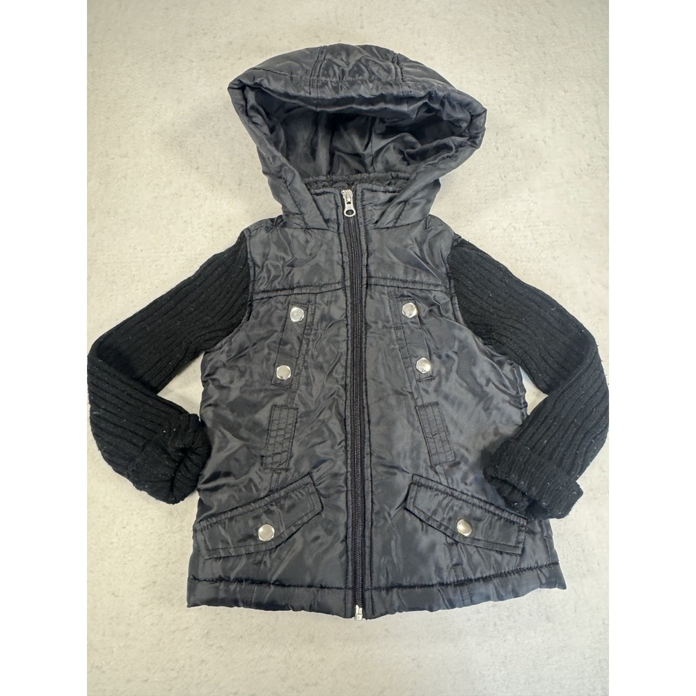 Chillipop Jacket Girls 4 Black Mixed Media Ribbed Knit Sleeve Hooded Full‎ Zip
